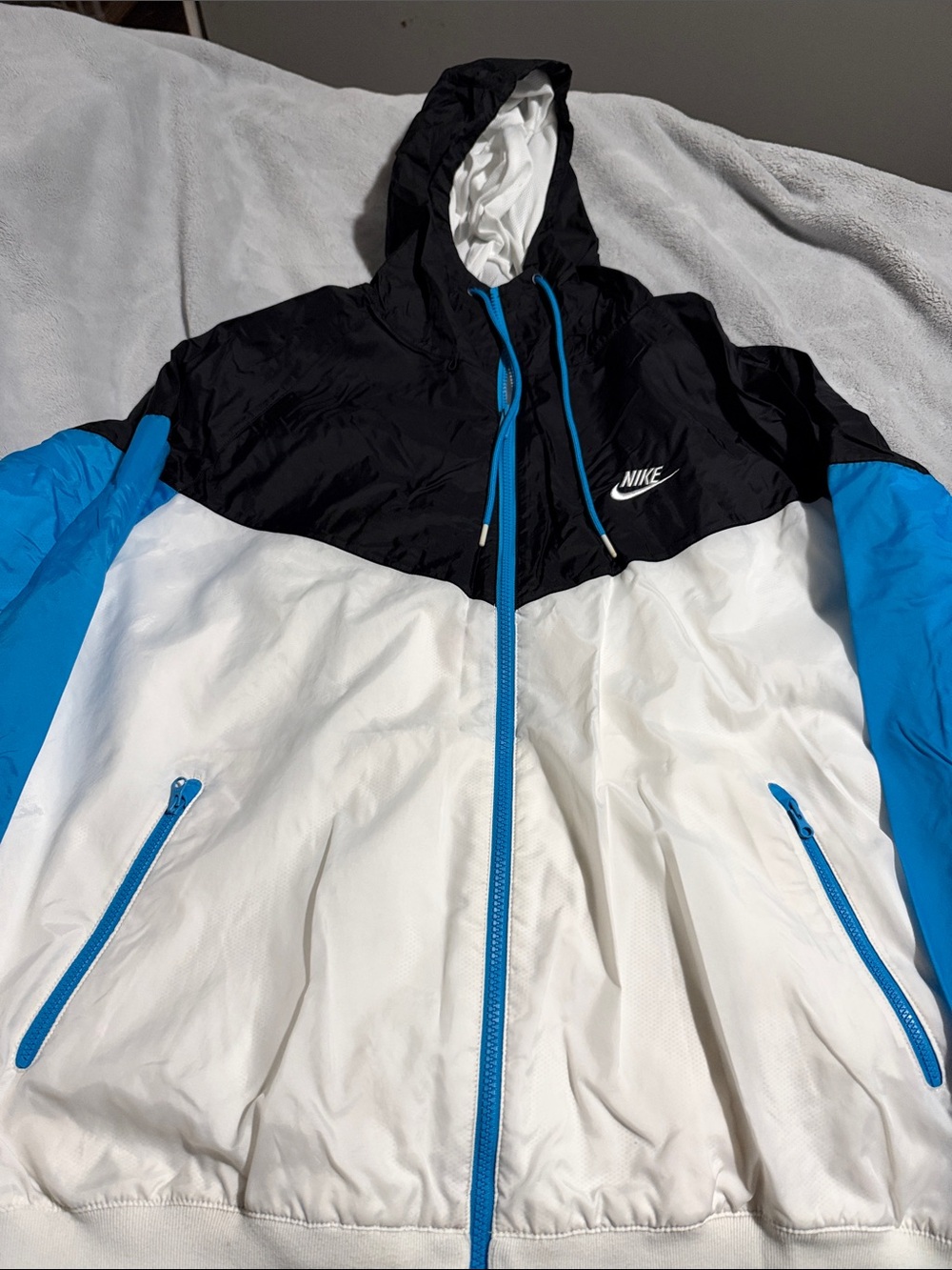 Nike Black, White & Blue Hooded Windbreaker Jacket